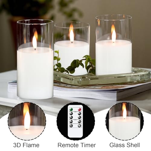 GenSwin Flameless Candles with Remote Timer, Clear LED Battery Operated Candles with Flickering Flame, Glass and Real Wax Pillar Candle Holiday Home Decor(Set of 3, D3”x4”5”6”) - color: Clear