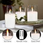 GenSwin Flameless Candles with Remote Timer, Clear LED Battery Operated Candles with Flickering Flame, Glass and Real Wax Pillar Candle Holiday Home Decor(Set of 3, D3”x4”5”6”) - color: Clear