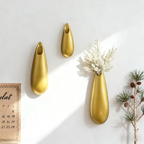 Sculptural Wall Ceramic Vase — 3 Pack Gold Hanging Sconce Vase | Turn Flowers into Art — Decorative Ceramic Wall Sconce for Single Stem Displays - size: 3pcs-Small&Medium&Large