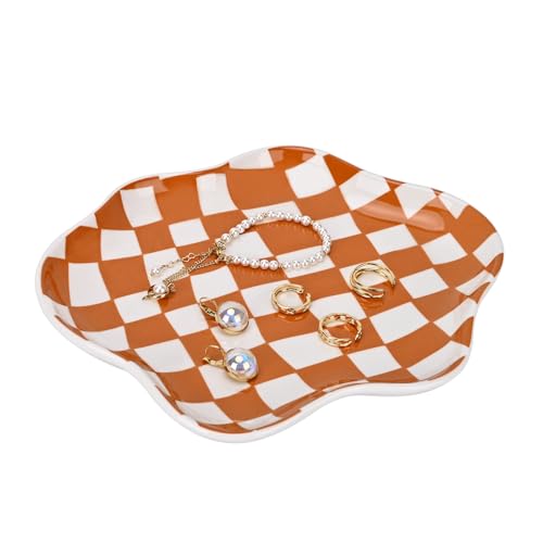 Koythin Jewelry Tray, Ceramic Jewelry Dish Trinket Tray Organizer, Checkered Pattern Aesthetic Decorative for Kitchen, Bathroom, Birthday Gift (Brown Plaid) - color: Brown Plaid