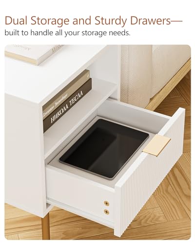 Masupu Nightstand,Mid-Century Modern Bedside Table with Storage Drawer and Open Wood Shelf,Small Gold Frame Side Table for Bedroom,Living Room,White - color: A.white, style: 1 Drawer