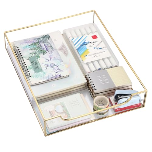 BTSKY 1 Pack Golden Glass Desk Tray, Multi-Purpose Organizer for A4 Paper, Documents, Desk Supplies, Makeup, Clear File Tray with Metal Frame, Stackable Decorative Storage for Home Office Vanity