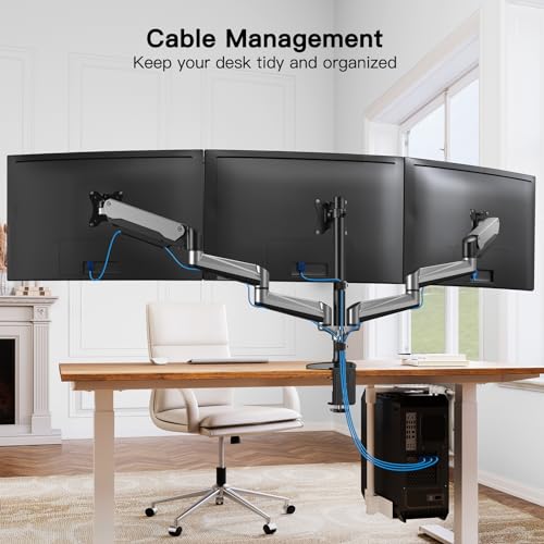 HUANUO Gaming Triple Monitor Stand, Full Motion Articulating Triple Monitor Mount Fit 17 to 32 inch Flat/Curved LCD Computer Screens with Clamp, Grommet Kit, Silver - color: Silver