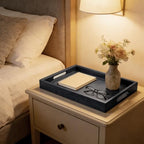 25x18 inches Leather Ottoman Serving Tray with Hole Handles, Rectangle Large Modern Service Tray for Living Room, Coffee Table, Bed, Tea, Food, Butler Countertop, Kitchen, Dinner, Picnic (Black) - color: Black, size: 25" x 18" x 2"