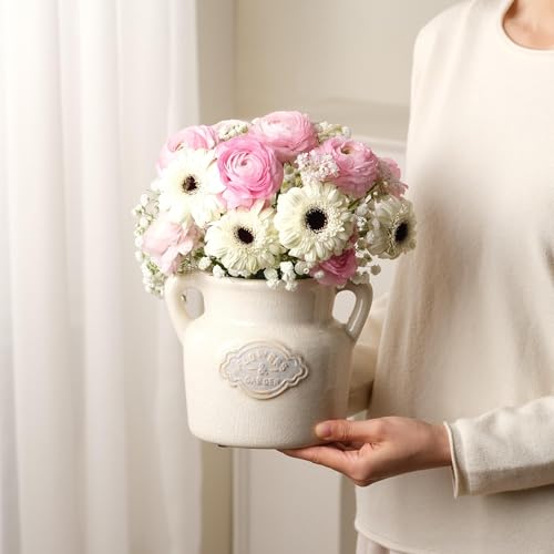 Rustic White Ceramic Vase, 5.8 Inch Vintage Flower Vases with Handle, Farmhouse Distressed Decorative Vases for Home Decor, Wide Mouth Vase for Living Room Bedroom Table Shelf Decorations - color: White