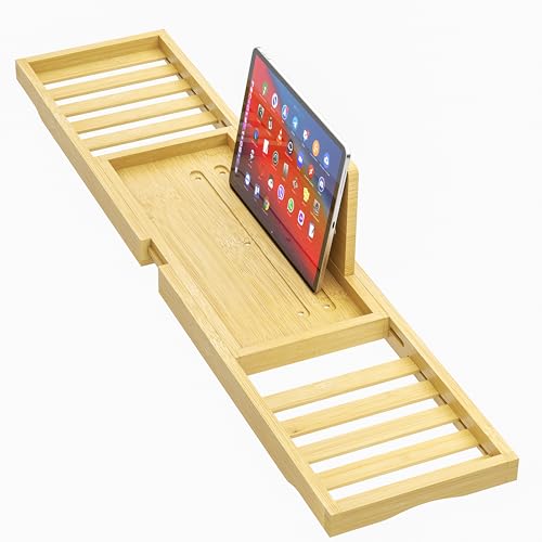 Bathtub Tray - Bath Tray Expandable - Bath Table Trays for Bathtub/Tub,Premium Bamboo Wooden, Fits Most Bath Tubs - color: Bright Yellow