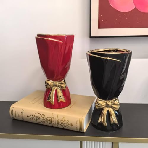 Black and Gold Bow Ceramic Vase - Flower Vases for Home Decor, Bow Decor, Boho Style, 9.65 Inch Flower Vases for Bouquet, Large Vase for Ideal Shelf Decor/Table (Black and Gold, Large) - color: Black and Gold