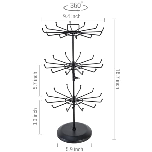 MyGift 3 Tier Classic Large Black Metal Jewelry Tree Holder Organizer with 360 Degree Rotating Arms, Spinning Necklace and Bracelet Tower Display Stand with 36 Hooks and Top Card Holder For storage - color: Black (3 Tier)