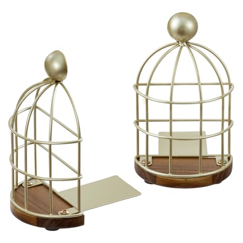 MyGift Vintage Brass Bookends, Decorative Gold Book Ends for Office Desk Home Shelf Decor, Metal Birdcage with Premium Acacia Solid Wood Base