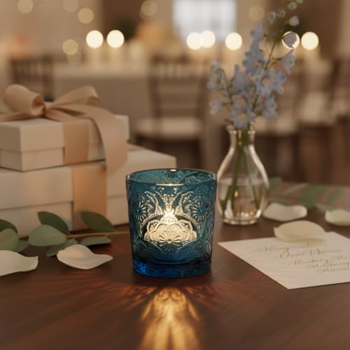 12 Pack Mandala Embossed Glass Candle Holders – Votive Tealight Holders with Patent Design, Decorative Embossed Glass Cups for Wedding Centerpieces, Parties, and Home Décor (Ocean Blue) - color: Ocean Blue