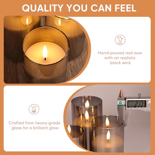 Eywamage Smoke Grey Glass Flameless Pillar Candles with Remote, Flickering LED Battery Candles Table Decor Set of 3 - color: Gray