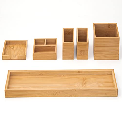 Bamboo Vanity Tray, 6-Piece Bathroom Countertop Vanity Tray Set, Makeup Kitchen Desk Organizer and Storage - Holds Small Items - color: Bamboo