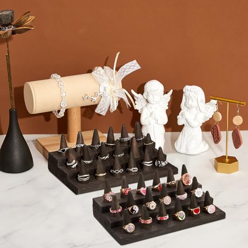 Juexica 4 Pcs Wood Ring Display 18 Fingers Wood Ring Holder Jewelry Finger Display for Selling Wooden Jewelry for Accessories Organizer Show Storage(Gray Black) - color: Gray Black