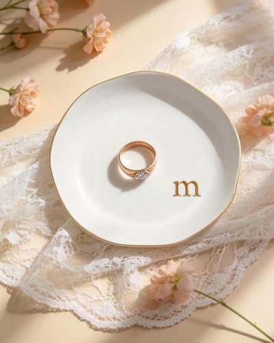 Personalized Ceramic Ring Dish - Monogrammed Jewelry Tray, Handcrafted Room Decor Engagement Wedding Present - Mothers Day Valentines Christmas Birthday Gift Women, Engraved Initial j - style: j