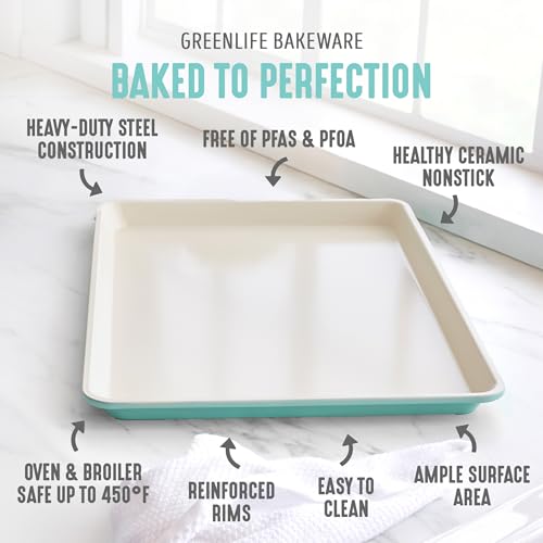 GreenLife 13" x 9" Quarter Sheet Baking Pans, 2 Piece Bakeware Set, PFAS-Free Ceramic Nonstick Rectangular Cookie Trays, Oven Safe to 450°F, Even Heating, Easy Clean Ovenware, Turquoise - color: Turquoise, size: 13" x 9" Quarter Baking Sheet