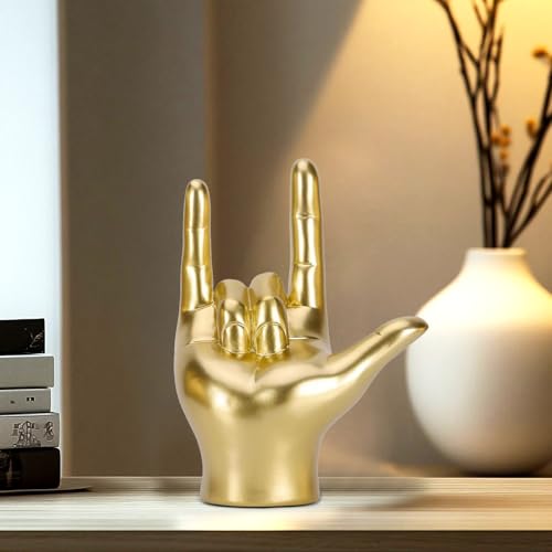 Gold Resin Rock On Hand Gesture Statue - Modern Office Desk Decor & Home Shelf Accents - Rock Culture Music Lovers' Decorative for Living Room, Bookshelf, 6.89"
