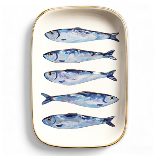 FYSUIMU Sardines Trinket Tray Ceramic Jewelry Dish Aesthetic Fish Decorative Key Tray for Home Bathroom Dresser Table Countertop Decoration