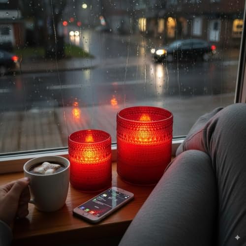 VENTA Set of 2 Red Glass Flameless Candles with Remote | Dimmable Flickering Votives, Ideal for a Romantic Dinner, Anniversaries, and Home Ambiance | Decorative Table Lamp - color: Dotted Glass Red