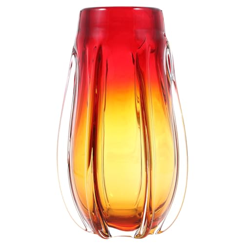Luxury Lane Hand Blown Laine Sommerso Art Glass Vase for Home Decor 10 inch Tall Centerpiece Table Decoration - color: Gold & Red Ombre, size: 10" tall
