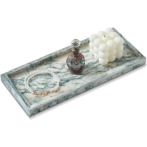 Natural Marble Vanity Tray, Luxury Stone Organizer for Bathroom & Kitchen Counter | Holds Soap Dispenser, Jewelry, Perfume | Non-Resin, Non-Ceramic Décor - color: Cyan-green, size: 11.8" x 5.1" x 0.8"