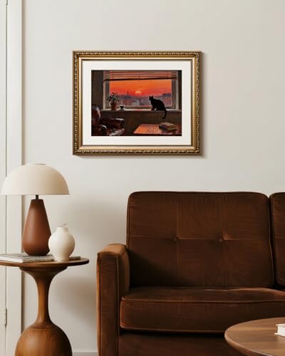 HUARCEY Vintage Sunset Black Cat Artwork 13''x16'' Canvas Print, Ornate Gold Framed Wall Art, Moody Aesthetic City Window View Quiet Moment Decor for Home Living Room Bedroom Study Office - color: Cat Watching, size: 16"L x 13"W