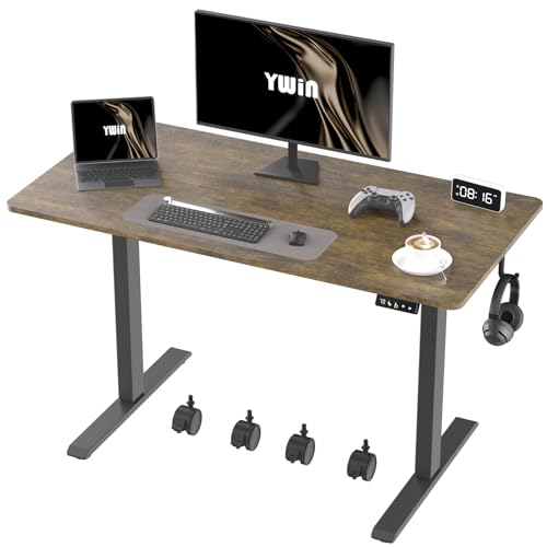 Ywin Electric Height Adjustable Standing Desk with Wheels, 63 x 24 inches Ergonomic Stand Up Desk for Home Office - color: Retro Brown