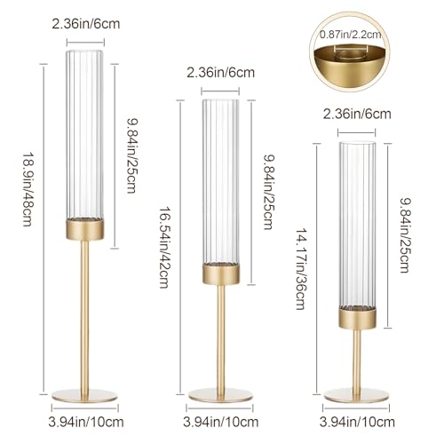 Garvee Gold Hurricane Candle Holders Set of 6, Taper Candlestick Holders with Ribbed Glass Cylinder Sleeves, Elegant Table Centerpiece for Wedding, Birthday, Christmas, Home Decor - size: 6