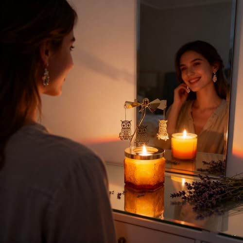 kingnero Lavender Scented Candle Carousel Rotary Candle Holder Spinning Tea Light Birthday Gifts for Women, Mom, Wife, Girlfriend, Sister, Female Friends, (Golden Owl) - color: Golden Owl