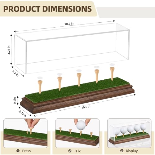 Hole in One Golf Ball Display Case Golf Ball Display Case Holder for 5 Golf Balls Wanult Wood Base Acrylic Golf Ball Holder Stand Lifelike Turf Wood Tee Memorabilia Showcase Cube Box Stand Gift Decor