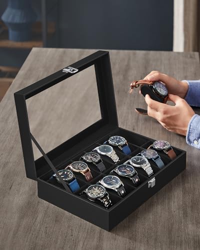 SONGMICS Watch Box, 12-Slot Watch Case Organizer with Large Glass Lid, Removable Pillows, Gift for Loved Ones, Black Synthetic Leather, Black Lining UJWB012B01 - color: Black + Black, size: 12 Slot