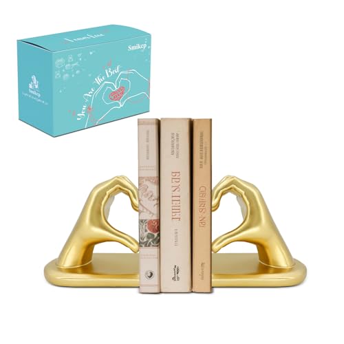 Book Ends Heart Design for Mom, Non-Skid Bookend, Gold Bookends for Shelves, Heavy Duty Resin Book Stopper for Living Room Merch Apartment Bookshelf Birthday Women, 10.22 x 3.93 x 5.11