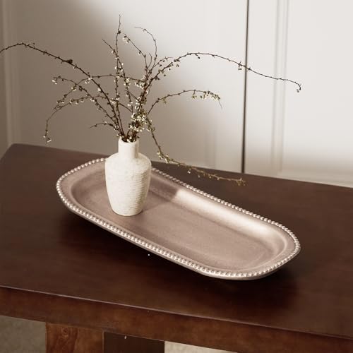 Wooden Decorative Tray, 13.9×5.9" Oval Distressed Boho Coffee Table Tray Decor, Kitchen Dining Table Trays Farmhouse Home Decor, Wood Beaded Rustic Trays for Living Room, Bathroom (Golden Brown)