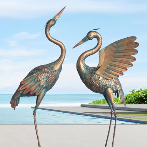 33-37 Inch Metal Crane Garden Statue Décor, Bird Heron Garden Sculpture & Statues, Outdoor Decoration for Yard Pond Lawn Backyard Pool, Vintage Spread Wings Crane, Set of 2 Copper - color: Copper