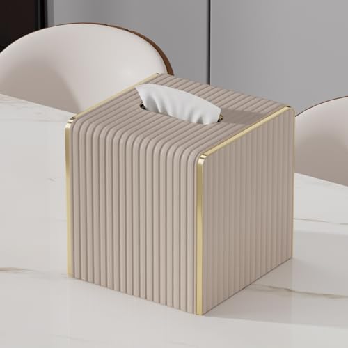 Tissue Box Cover,Beige Cube Leather Tissue Box Holders with Gold-Tone Edging Accents,Decorative Tissue Covers for Bathroom Toilet Bedroom Living Room Table Desk Office Car,Decor Aesthetic - color: Beige, size: Square Standard
