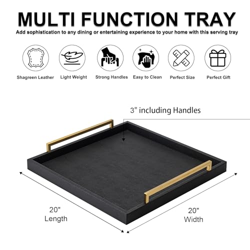 Extra Black Large Serving Tray with Handles for Ottoman,Versatile Shagreen Leather Square Ottoman Tray for Living Room - color: Black, size: 20" x 20" x 3"