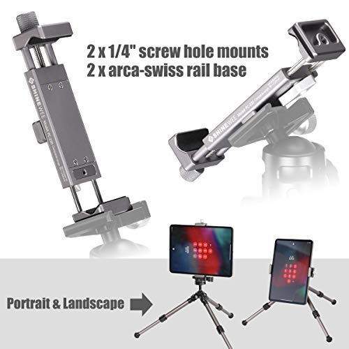SHINEWEE Full Metal Tablet Tripod Holder - Compatible with iPad mini/Air/Pro | 1/4" Screw & Arca-Swiss Dovetail Mounts | Universal Tablet Clamp Adapter