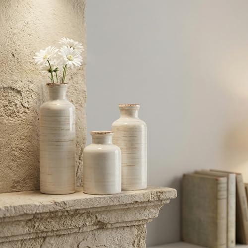 Vintage Ceramic Flower Vase Set of 3, Rustic Farmhouse Vase for Home Decor, Distressed Decorative Vase for Table Entryway Mantel Centerpiece Living Room Bathroom Bedroom (Linen Off-White) - color: 111-linen Off-white