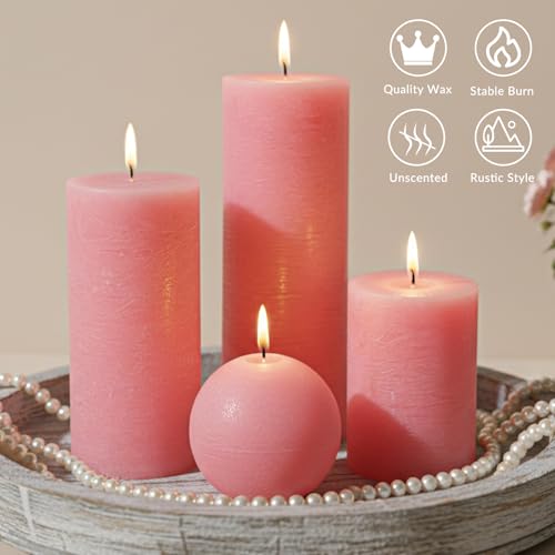 Pink Rustic Textured Pillar Candles Set - 4 Pcs Assorted Sizes Unscented Pillar Candle, Decorative Farmhouse Candles for Home Centerpiece Decor, Holiday Dinner Table, Dripless & Smokeless - color: Muted Pink