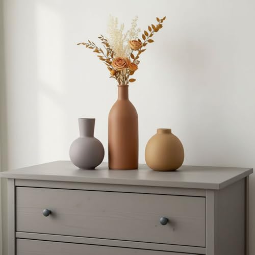 Ceramic Vase Set of 3 - Small Modern Minimalist Ceramic Bud Vases for Home Decor - Boho Aesthetic Flower Vases for Desk, Shelf & Table, Mantle, Bookshelf (Cute & Versatile) (Brown Mix) - color: Brown Mix