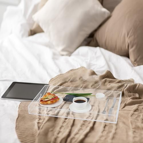 18×16 Inch Clear Acrylic Serving Tray with Handles Extra Large Ottoman Tray Decorative Tray Spill-Proof Coffee Table Space Saver Oversize Counter top Organizer Platter with Safe Edge - color: Clear, size: 18" x 16" x 2"