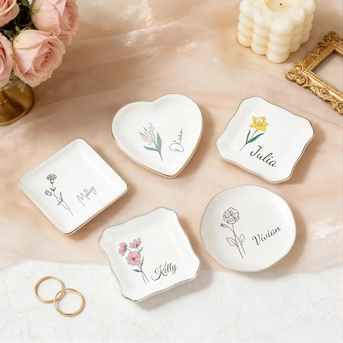 Custom Ceramic Ring Dish, Personalized Jewelry Tray with Name Birthday Flower, Earrings Necklaces Bracelet Watch Keys Trinket Holder, Mothers Day Bridesmaid Bestie Gift for Women - color: Birth Flower & Name