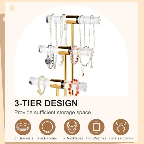 3-Tier Necklace Holder Bracelet Holder, Gold Acrylic Jewelry Display Stand Crystal T Bar Jewelry Organizer Gift for Women - style: 3-Tier 1pc