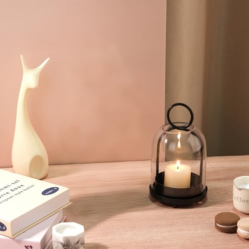 7.5" High Versatile Modern Metal Hurricane Lantern with Handmade Sturdy Glass Dome in Black for 2" Pillar Candle & Plants, for Living Room, Porch, Mantel Decoration (Black, 4" x7.5 for 2" Pillar) - color: Black, size: 4"x7.5"