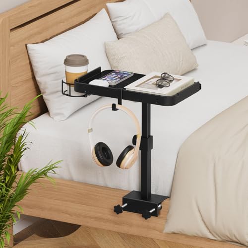 Snughome Clamp On Bedside Shelf for Bunk Bed - Adjustable Height Bedside Table Tray with Cup Holder & Cable Holes, Sturdy Nightstand Organizer Top Bunk Bed Accessories for College Dorm Apartment