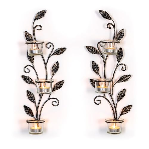 Sziqiqi Wall Sconces Candle Holder - Wall Candle Holder Black Tea Light Candle Sconce Vintage Wall Sconce Set of 2 for Living Room Wall Mount Candle Sconces for Bathroom Dining Room