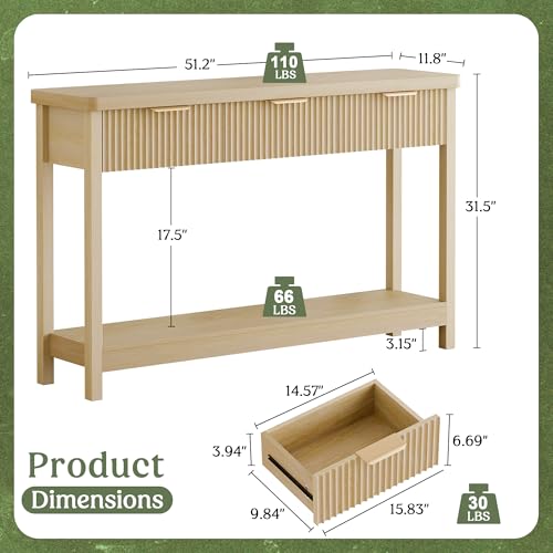Lulive 51" Fluted Console Table for Entryway, Entryway Table with 3 Wooden Drawers, Farmhouse Behind Sofa Table for Living Room, Hallway, Couch, Foyer - color: Natural