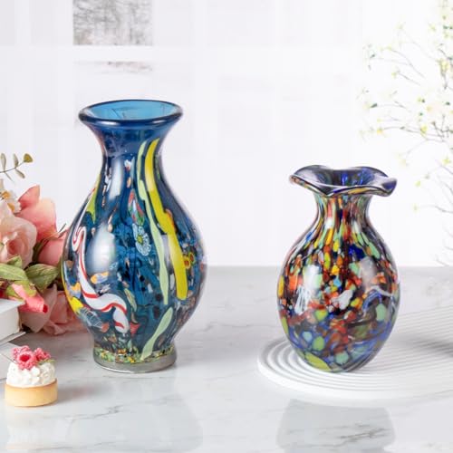 KAMMAK Colored Glass Vase, Beautiful Hand Blown Decorative Vase, Modern Art Vase for Flower Mantle Dining Table Centerpiece, Entryway Living Room Wedding Decoration (JG2070) - style: JG02070