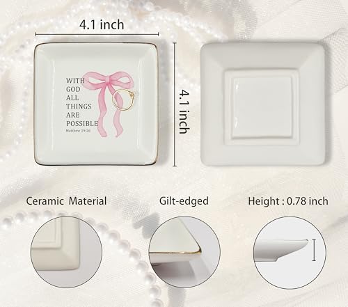 WODMIS Christian Coquette Pink Bow Ceramic Jewelry Tray Dish, Preppy Bible Verse Jewelry Plate Ring Trinket Dish, Trendy Aesthetic Ribbon Gifts for Women Bestie Best Friends 488 - color: Pink