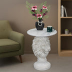 White Lion Head Sculptural Side Table with Faux Marble Top, 19.68" Round Resin Animal End Table, 25.59" H Majestic Accent Table for Living Room & Entryway, Regal Housewarming Gift - color: White Lion