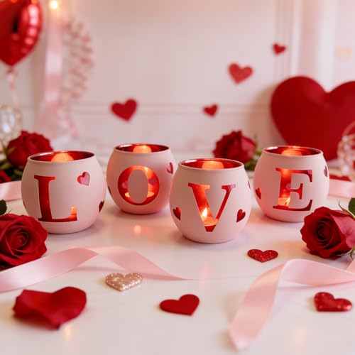 Love Glass Tea Light Candle Holders, Votive Tealight Holder Table, Love Centerpiece Decorations for Wedding Valentines Anniversary Party Decor (Pink-4) - color: Pink-4